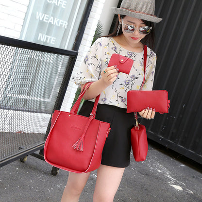 Red Litchi Leather 4-Piece Women's Bag Set
