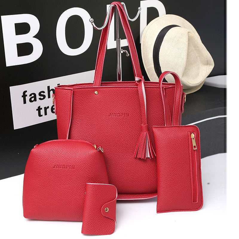 Red Litchi Leather 4-Piece Women's Bag Set