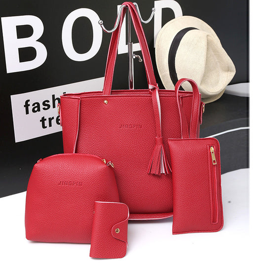 Red Litchi Leather 4-Piece Women's Bag Set