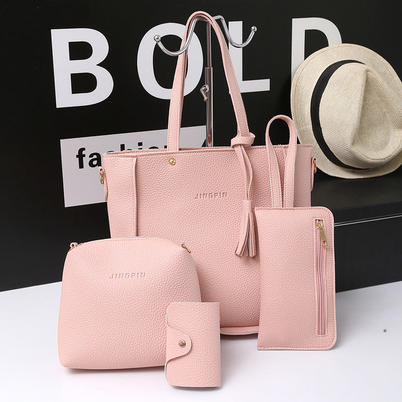 Red Litchi Leather 4-Piece Women's Bag Set