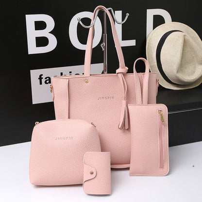 Red Litchi Leather 4-Piece Women's Bag Set
