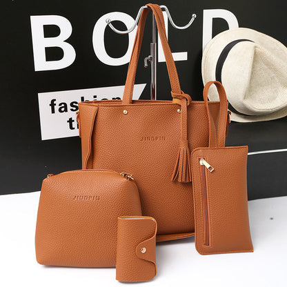 Red Litchi Leather 4-Piece Women's Bag Set