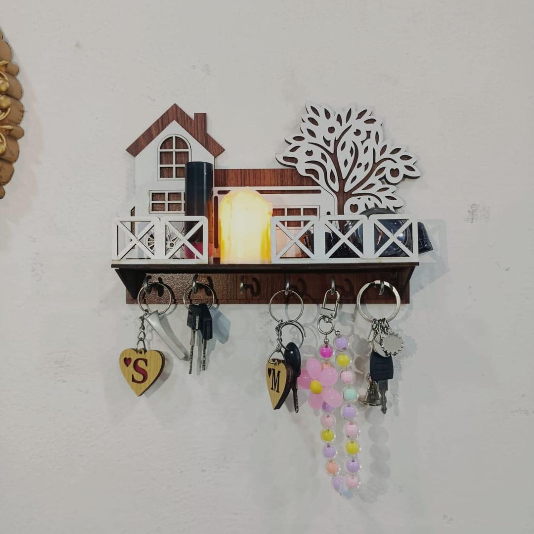 Multi-Functional Wall Mounted Key Holder with Phone Shelf – Tree & House Design