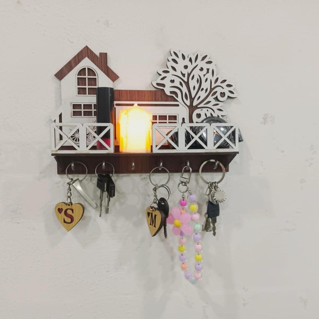 Multi-Functional Wall Mounted Key Holder with Phone Shelf – Tree & House Design