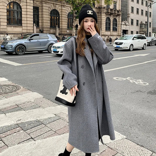 Women's Gray Woolen Long Coat – Loose Fit Winter Mid-Length Coat