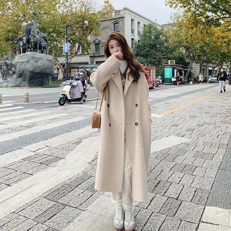 Women's Gray Woolen Long Coat – Loose Fit Winter Mid-Length Coat