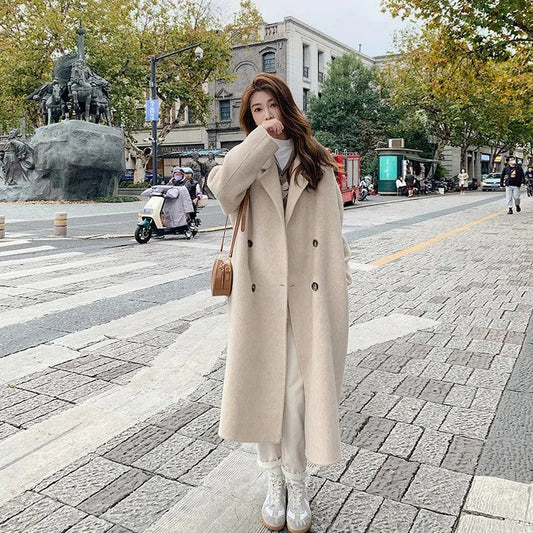 Women's Gray Woolen Long Coat – Loose Fit Winter Mid-Length Coat
