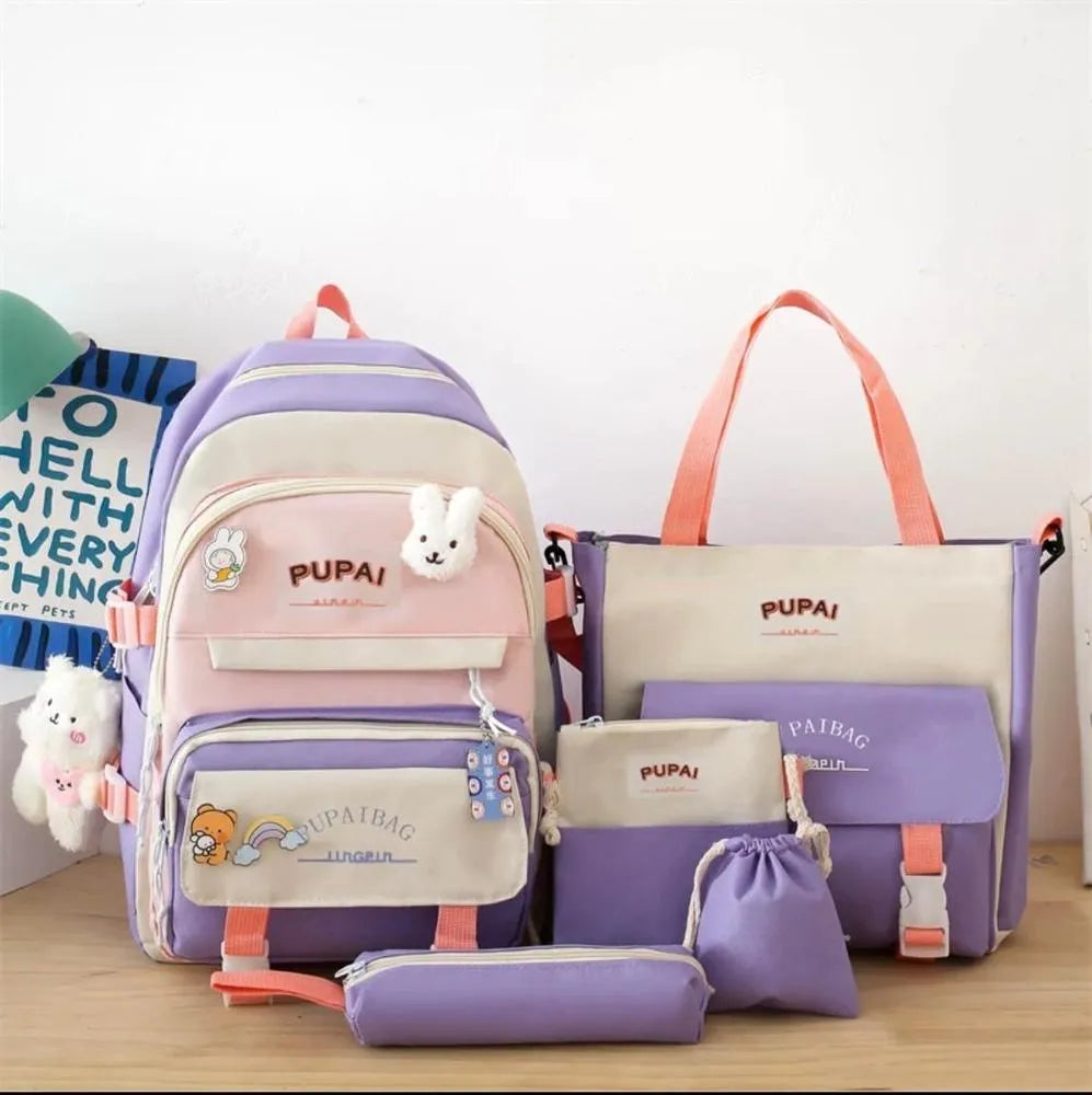5-Piece Nylon Travel Backpack Set – Multipurpose Student & Casual Bag Set